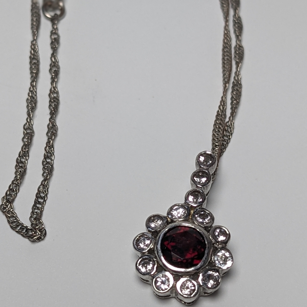 🆕 Sterling Silver Garnet & White Topaz Pendant on 18" Chain Rhodium Plated
